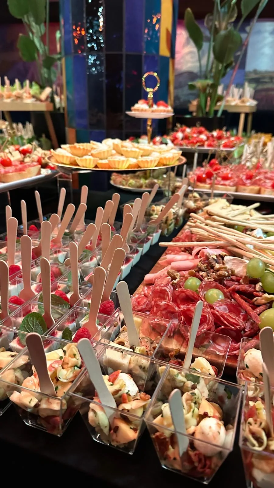Deska wędlin i serów z winogronem oraz sałatki z tortellini w pucharkach — catering Emilio